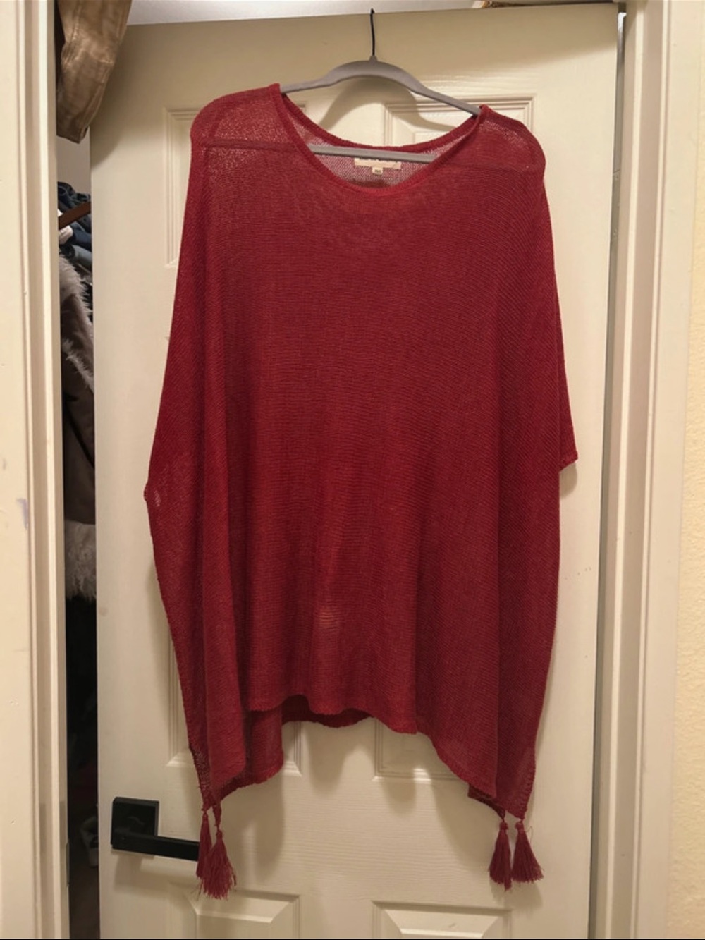 Johnny Was Red Open-Knit Tassel Poncho Sweater
